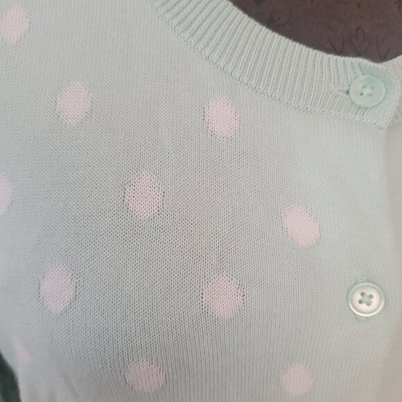 Talbots Petites Mint Green & White Polka Dot Cardigan Sweater SP NWOT - Picture 2 of 5